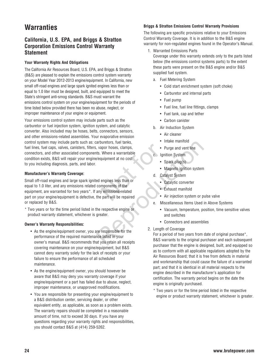 Not for reproduction, Warranties | Brute 2800 PSI Pressure Washer User Manual | Page 24 / 56