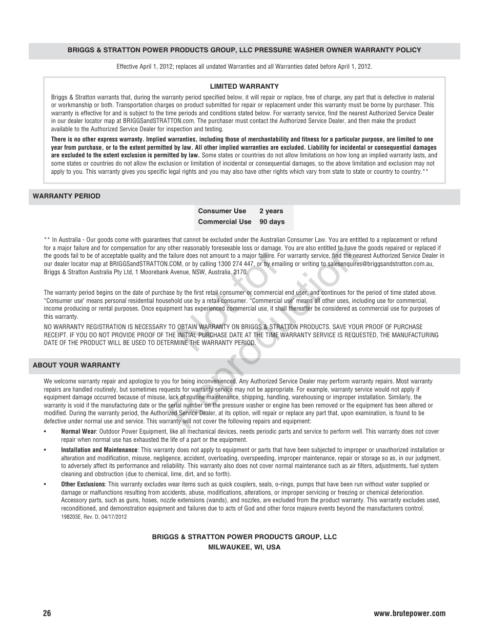 Not for reproduction | Brute 2800 PSI Pressure Washer User Manual | Page 26 / 56