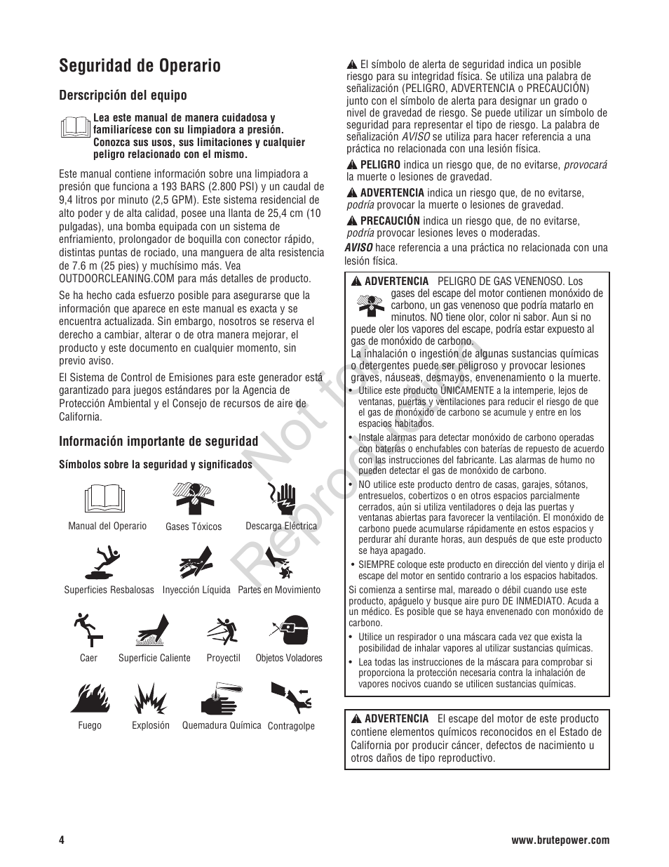 Not for reproduction, Seguridad de operario | Brute 2800 PSI Pressure Washer User Manual | Page 32 / 56