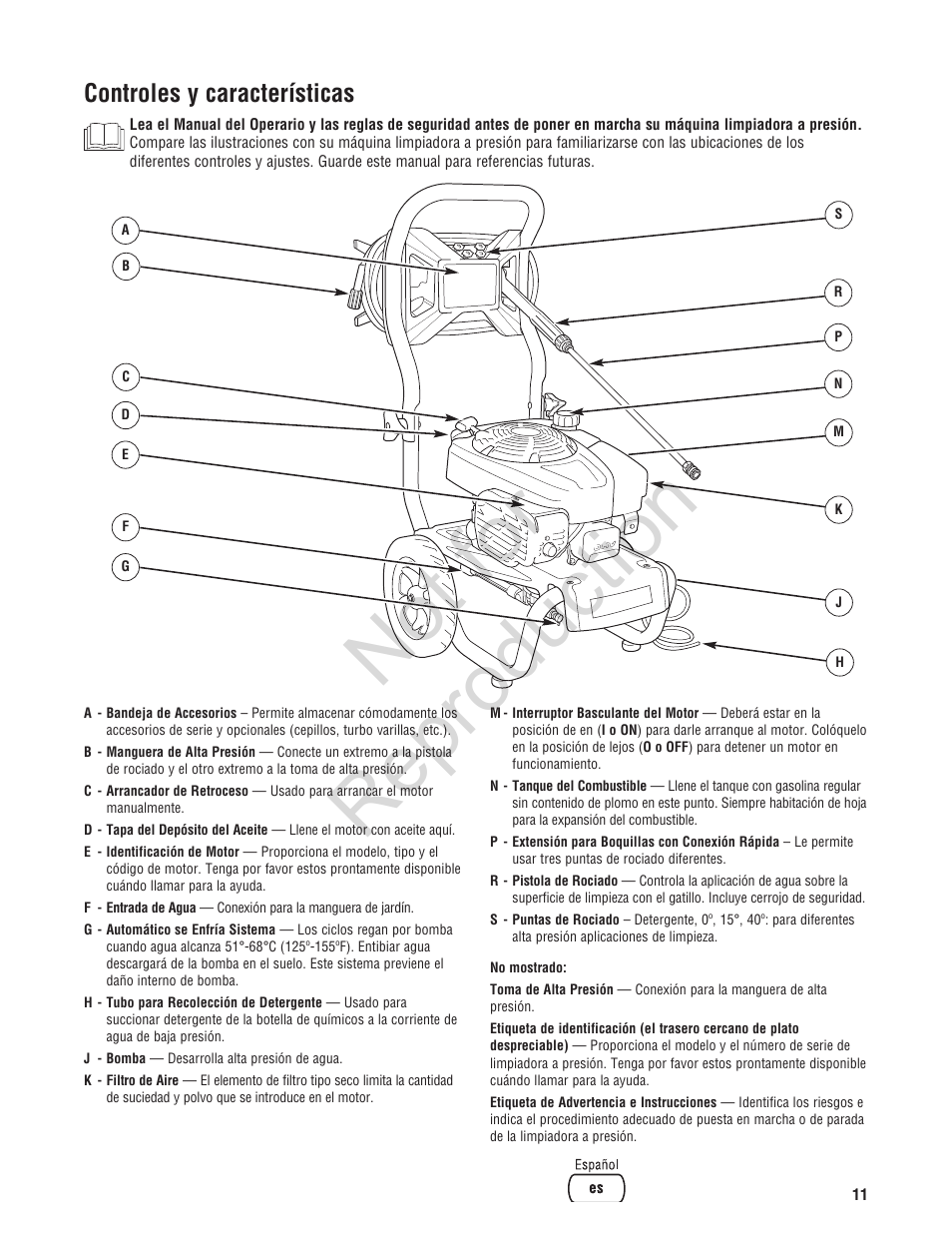 Not for reproduction, Controles y características | Brute 2800 PSI Pressure Washer User Manual | Page 39 / 56