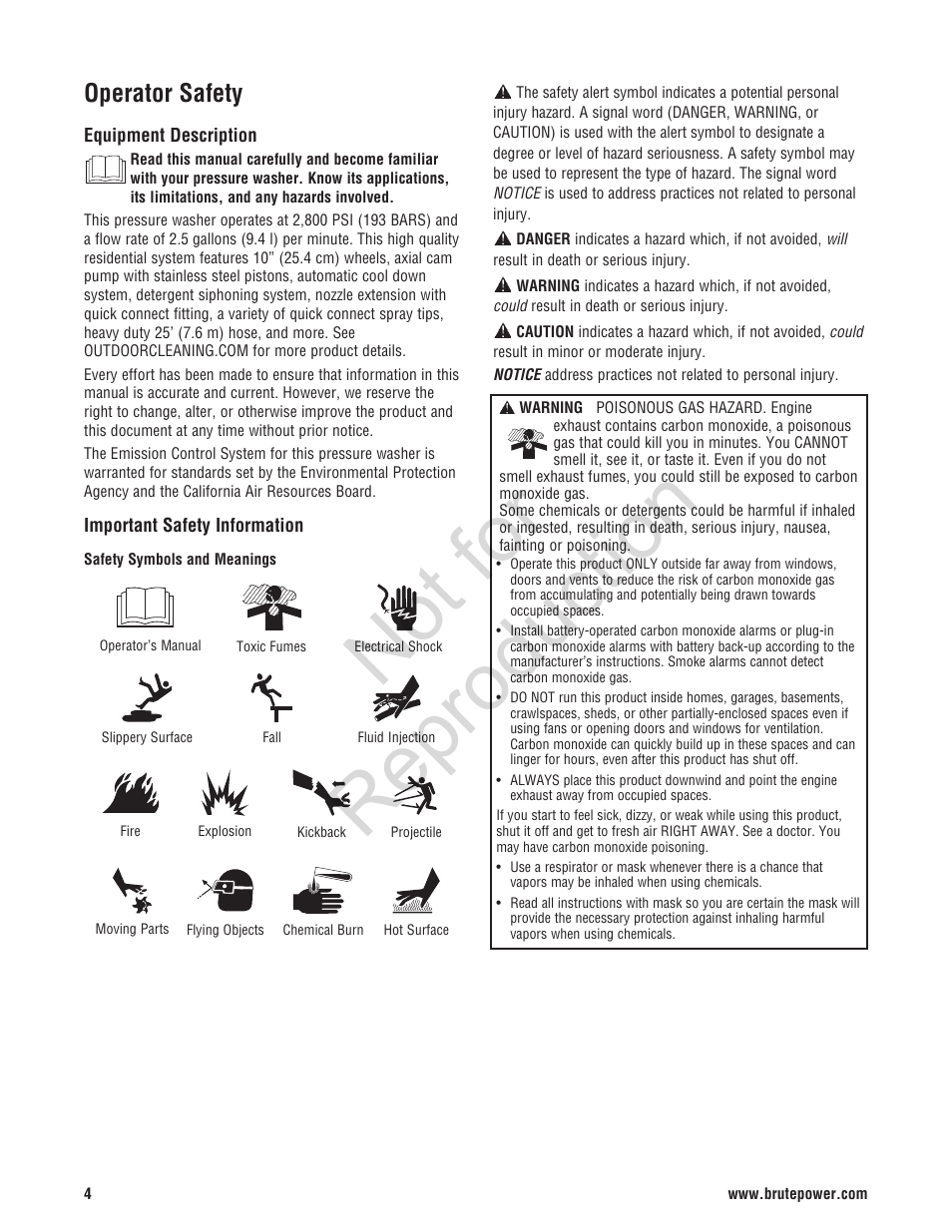 Not for reproduction, Operator safety | Brute 2800 PSI Pressure Washer User Manual | Page 4 / 56