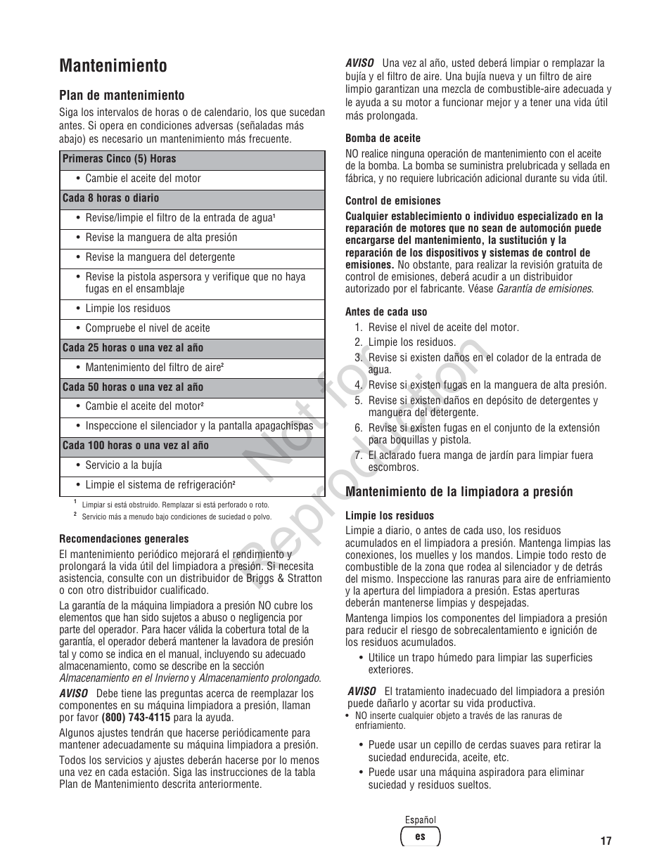 Not for reproduction, Mantenimiento | Brute 2800 PSI Pressure Washer User Manual | Page 45 / 56