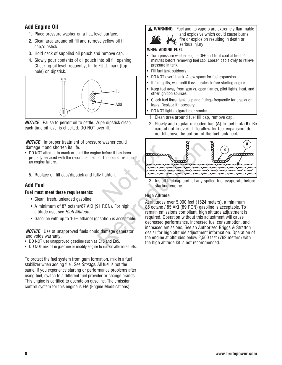 Not for reproduction | Brute 2800 PSI Pressure Washer User Manual | Page 8 / 56