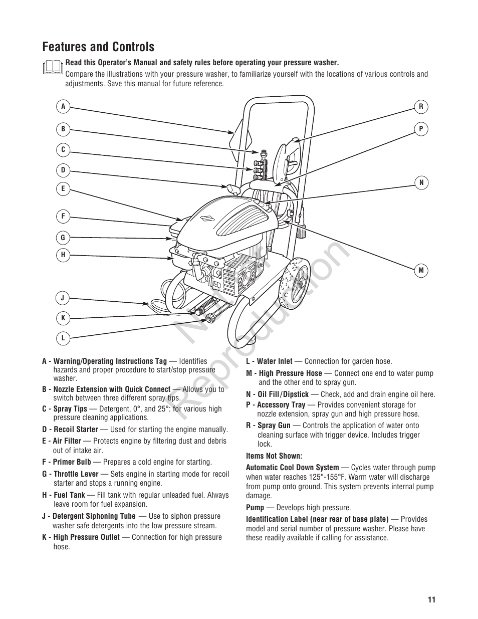 Not for reproduction, Features and controls | Brute 2200 PSI Pressure Washer User Manual | Page 11 / 56