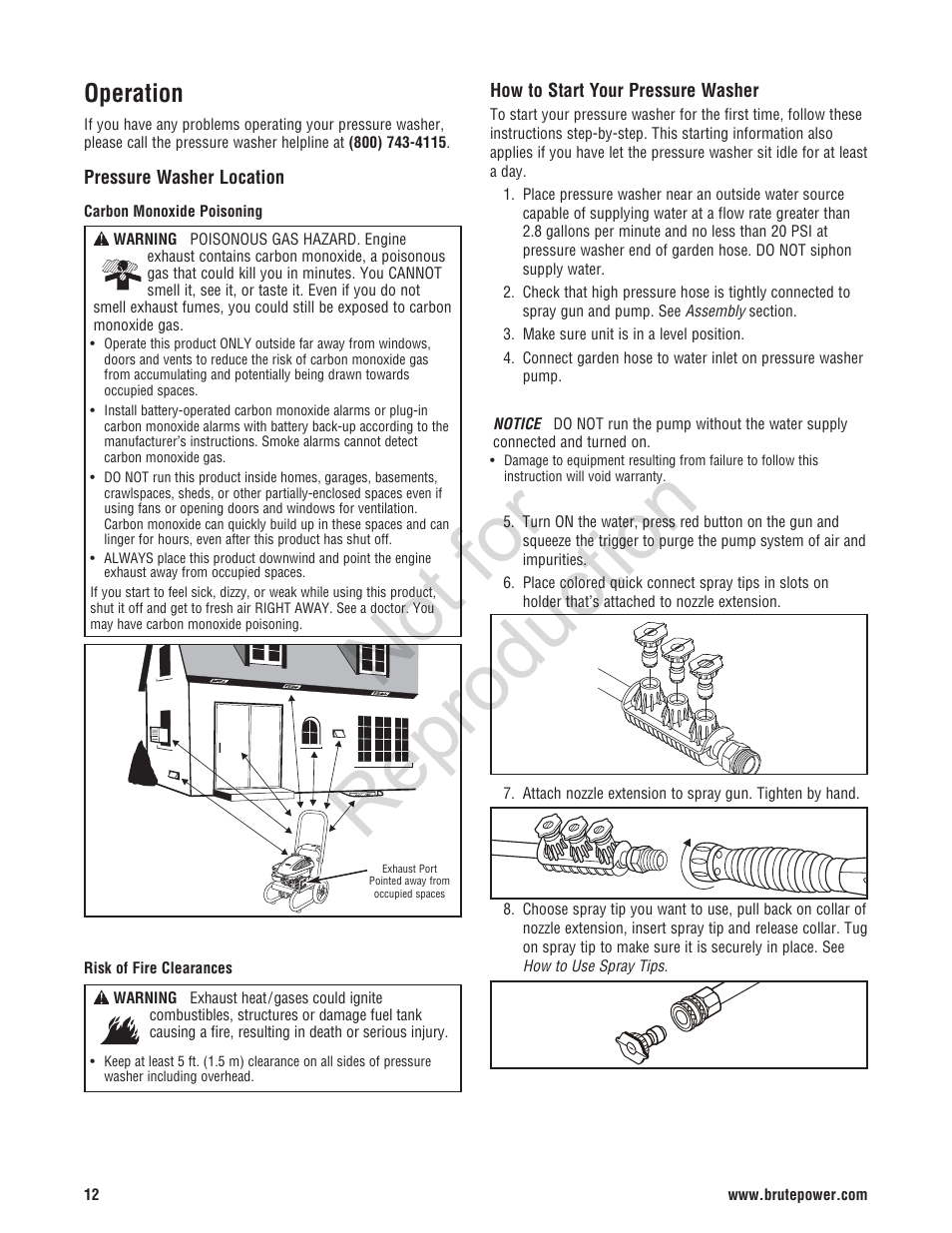 Not for reproduction, Operation | Brute 2200 PSI Pressure Washer User Manual | Page 12 / 56
