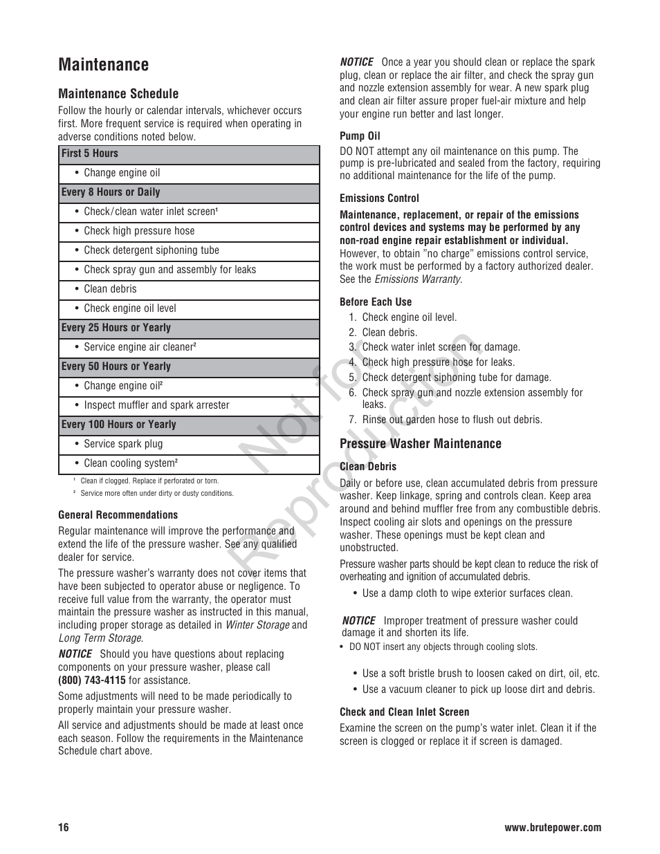 Not for reproduction, Maintenance | Brute 2200 PSI Pressure Washer User Manual | Page 16 / 56