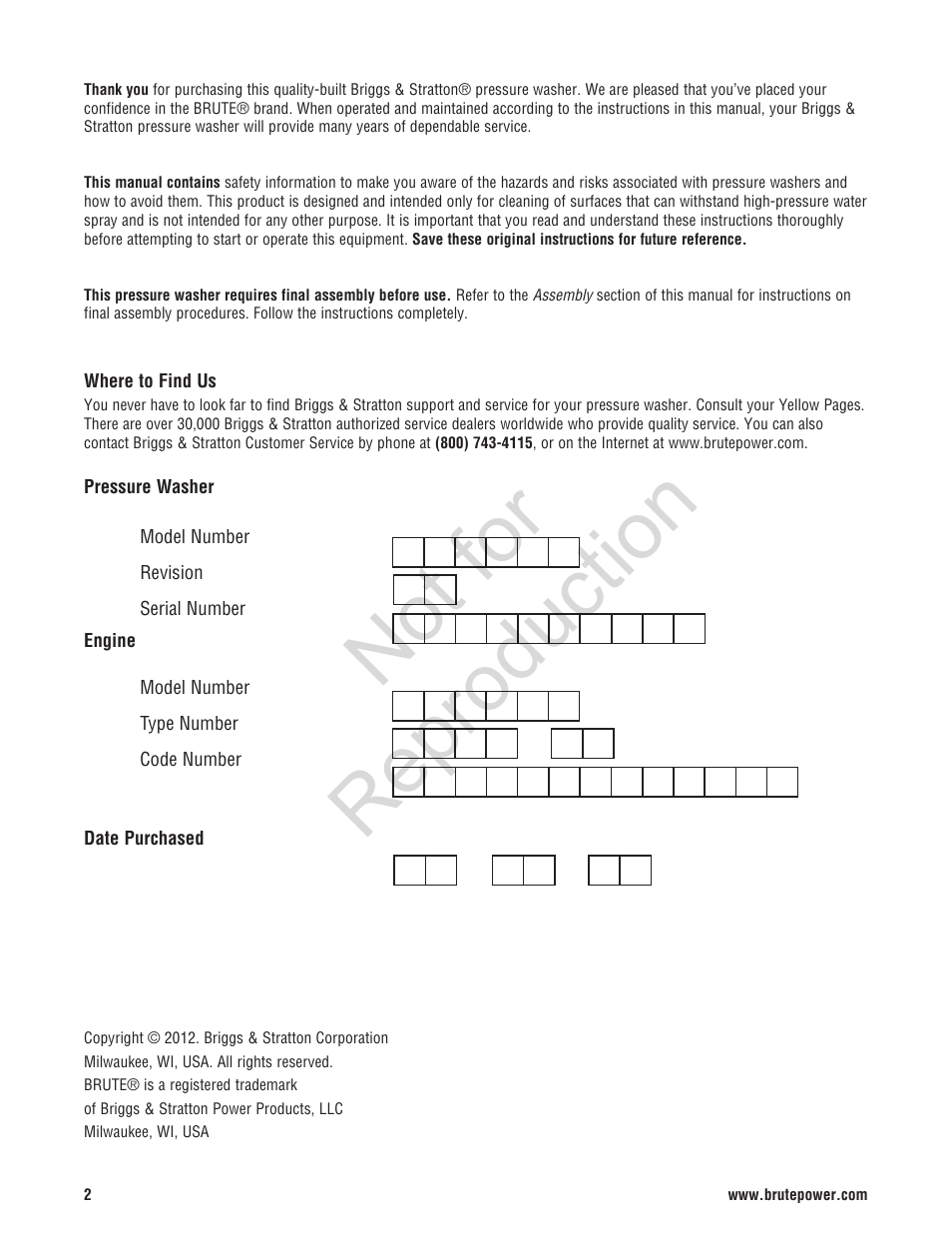 Not for reproduction | Brute 2200 PSI Pressure Washer User Manual | Page 2 / 56