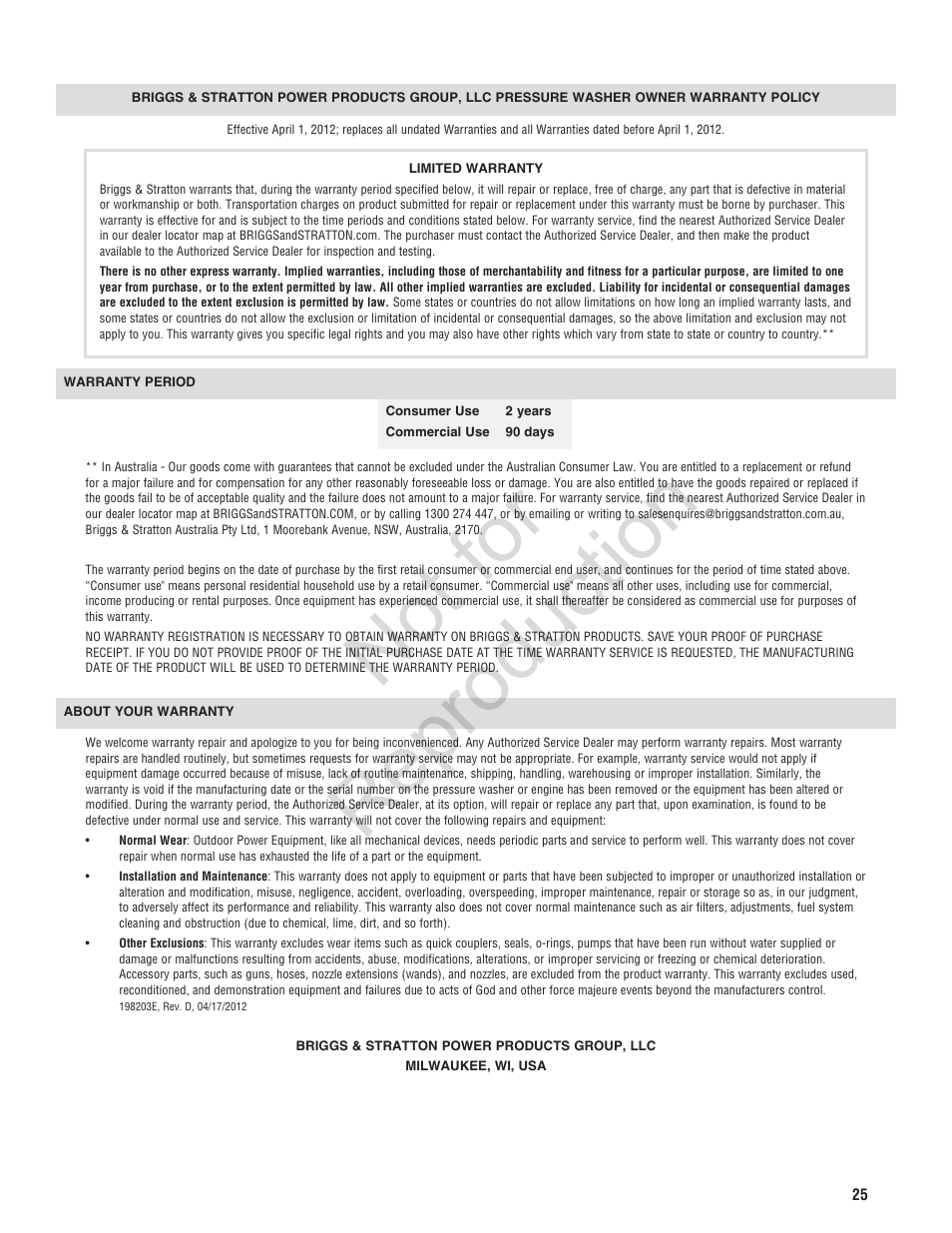 Not for reproduction | Brute 2200 PSI Pressure Washer User Manual | Page 25 / 56