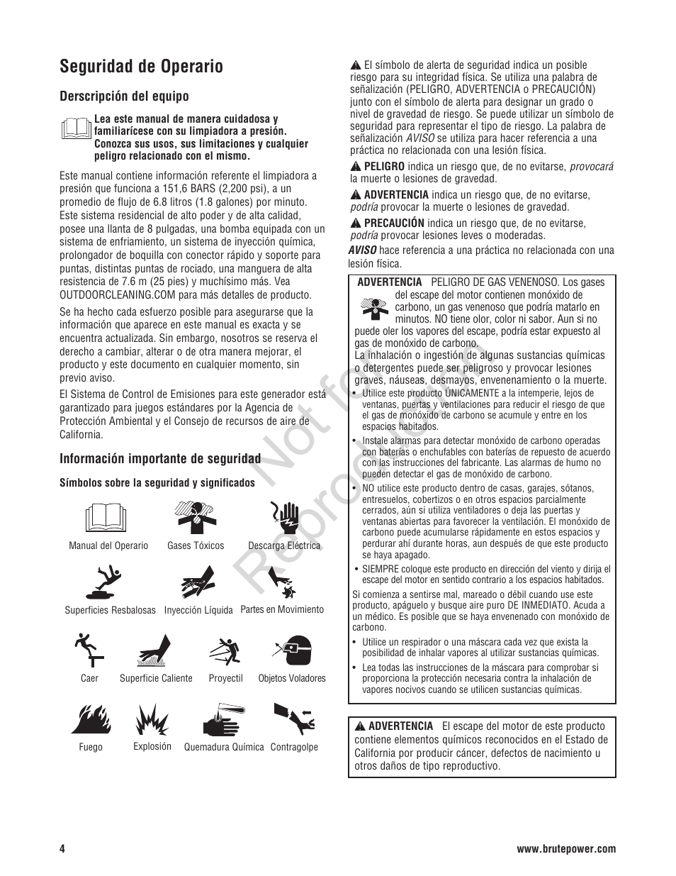 Not for reproduction, Seguridad de operario | Brute 2200 PSI Pressure Washer User Manual | Page 32 / 56
