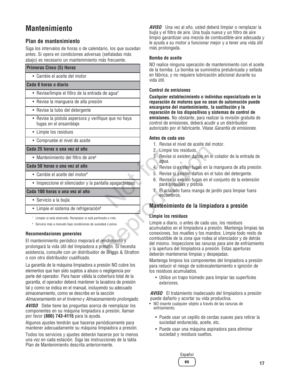 Not for reproduction, Mantenimiento | Brute 2200 PSI Pressure Washer User Manual | Page 45 / 56
