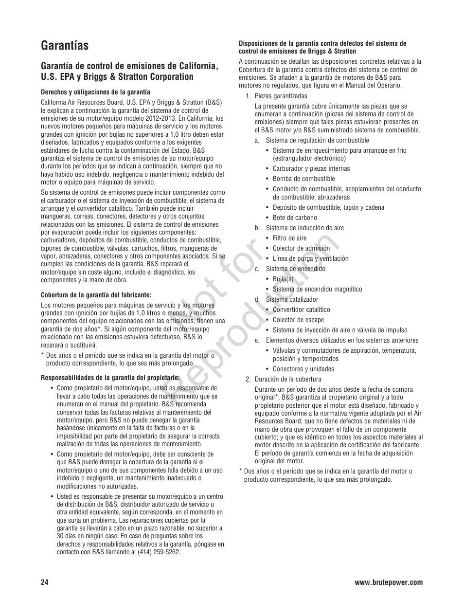 Not for reproduction, Garantías | Brute 2200 PSI Pressure Washer User Manual | Page 52 / 56