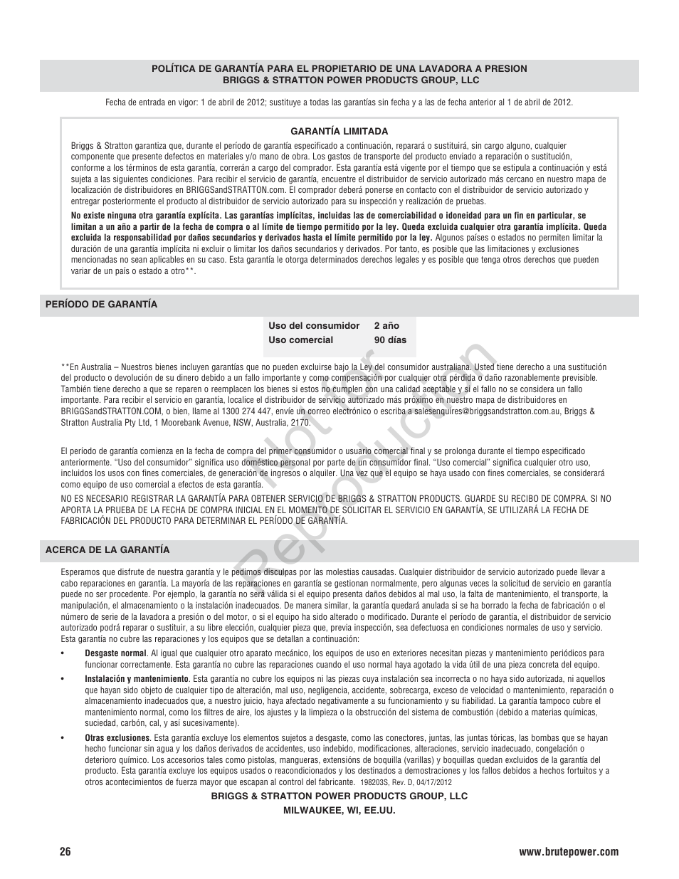 Not for reproduction | Brute 2200 PSI Pressure Washer User Manual | Page 54 / 56