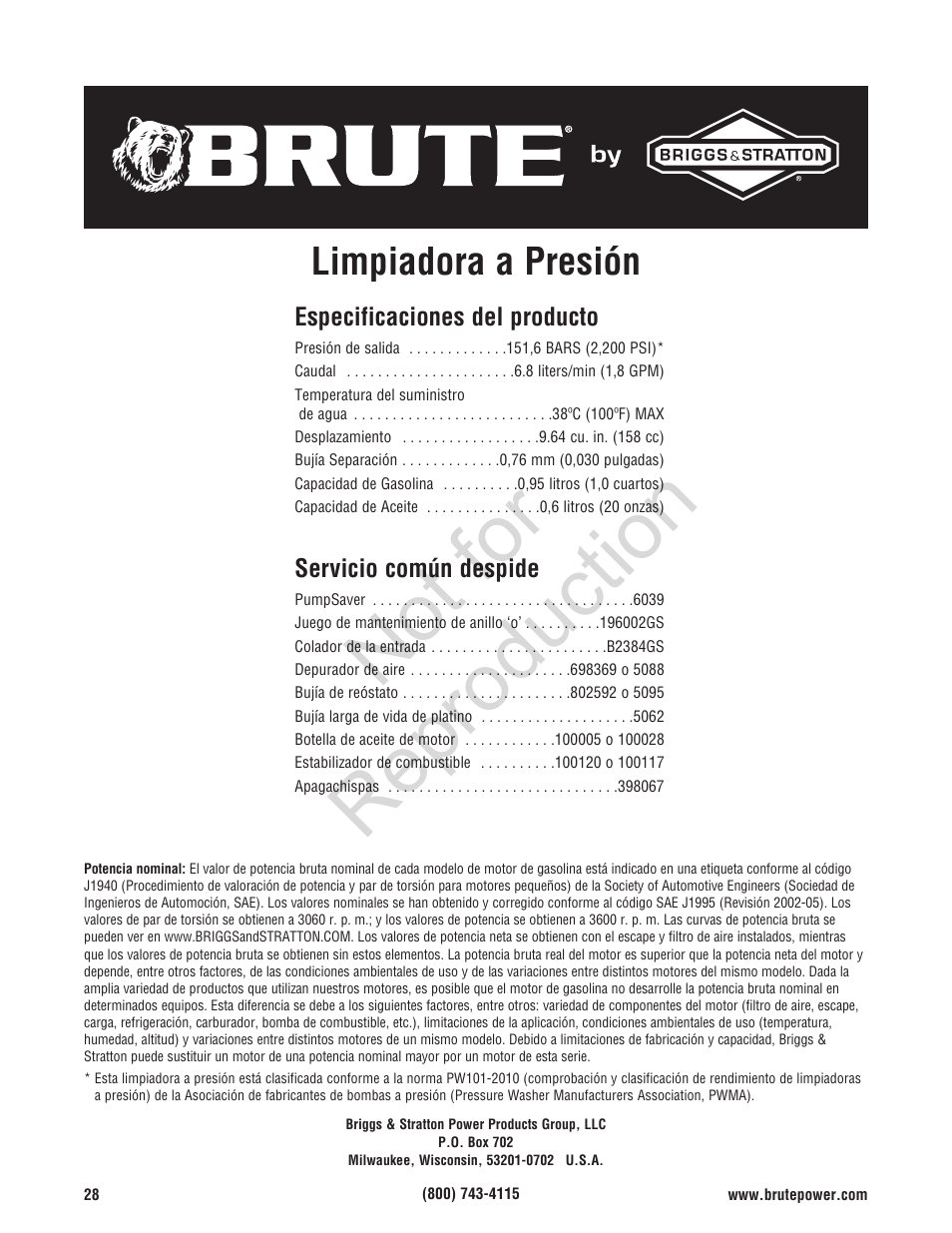 Not for reproduction, Limpiadora a presión | Brute 2200 PSI Pressure Washer User Manual | Page 56 / 56