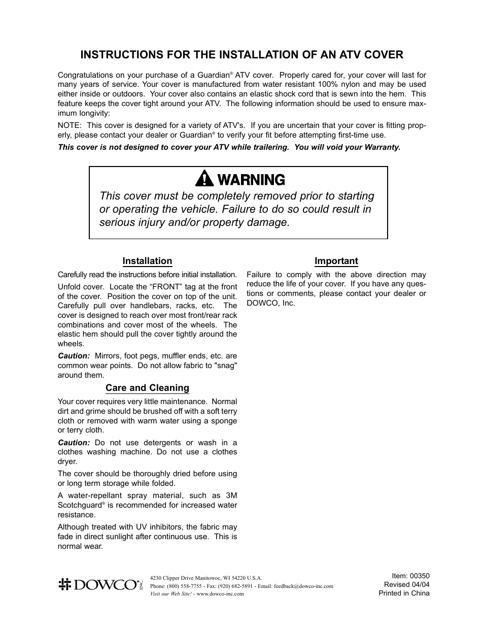 Dowco Power Sports Guardian ATV Cover User Manual | 1 page