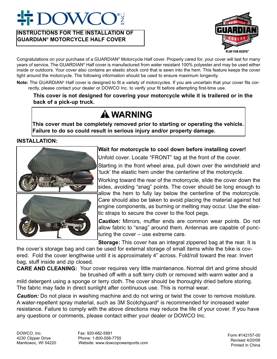 Dowco Power Sports Guardian Traveler Half Motorcycle Cover User Manual | 1 page