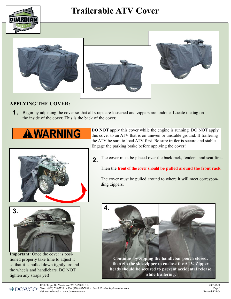 Dowco Power Sports Guardian Trailerable ATV Cover User Manual | 2 pages