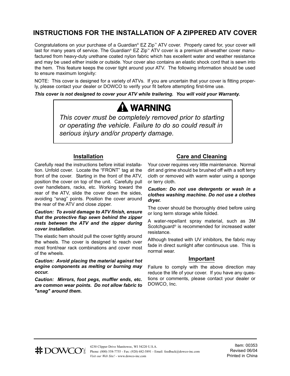 Dowco Power Sports Guardian EZ Zip ATV Cover User Manual | 1 page