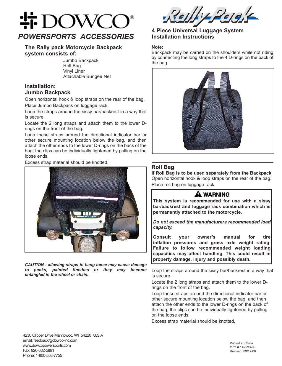 Dowco Power Sports Rally Pack Universal Luggage User Manual | 2 pages