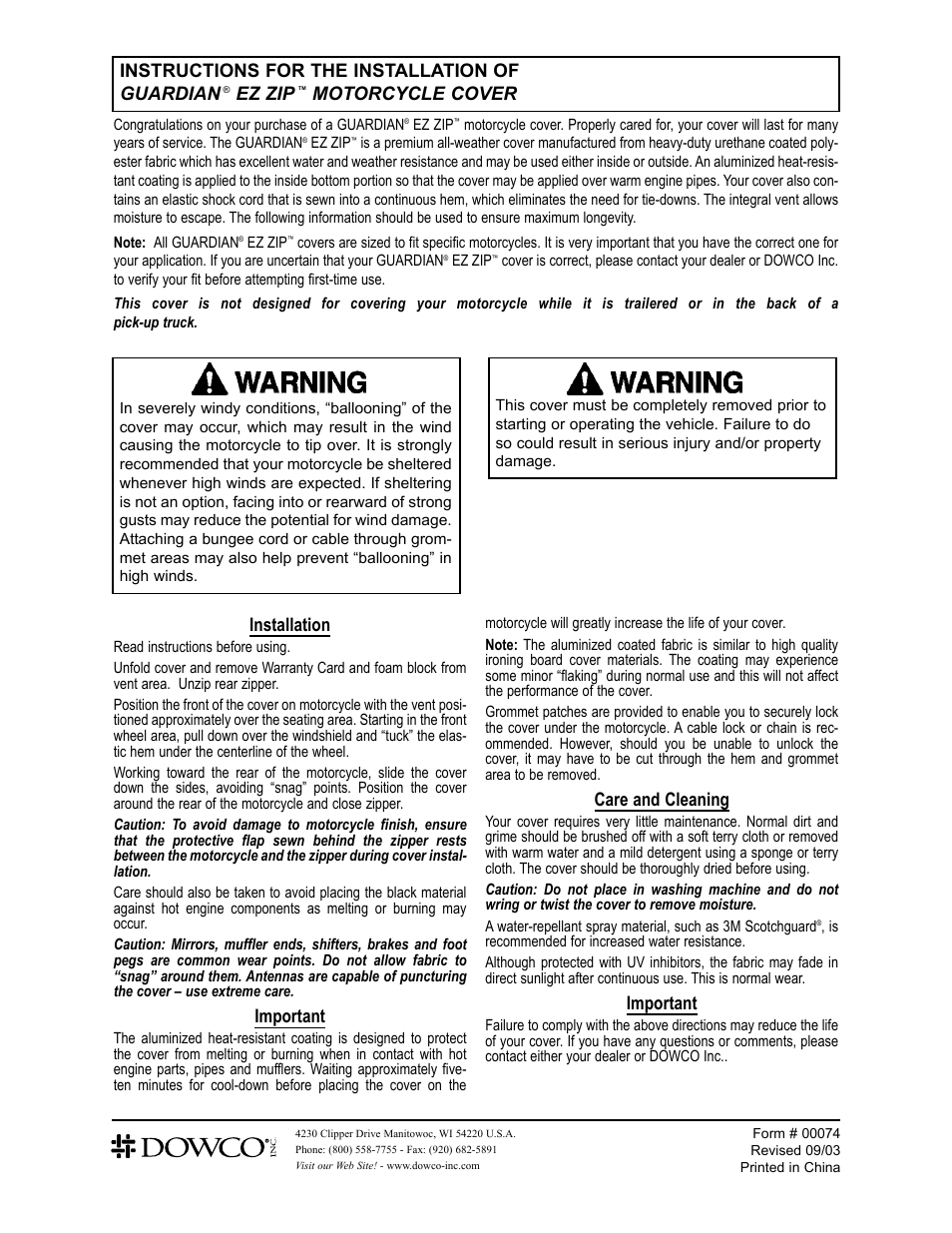 Dowco Power Sports Guardian EZ Zip Motorcycle Cover User Manual | 1 page