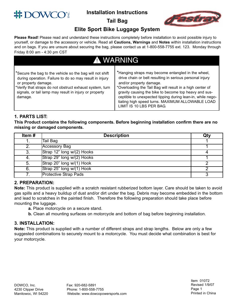 Dowco Power Sports Fastrax Tail Bag User Manual | 3 pages