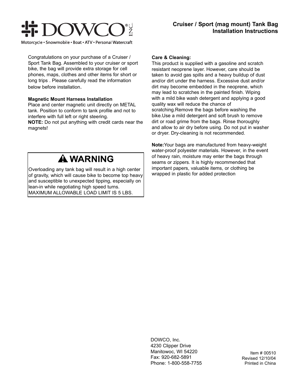 Dowco Power Sports Cruiser_Sport (mag mount) Tank Bag User Manual | 1 page