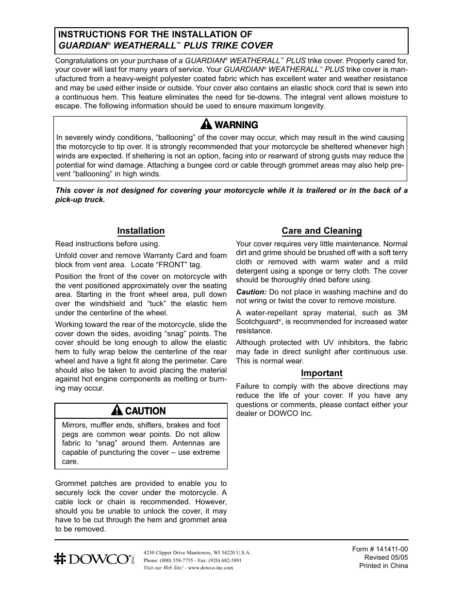 Dowco Power Sports Guardian WeatherAll Plus Trike Cover User Manual | 1 page