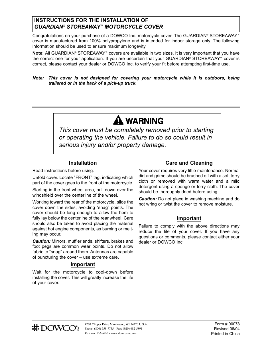 Dowco Power Sports Guardian Storeaway Motorcycle Cover User Manual | 1 page