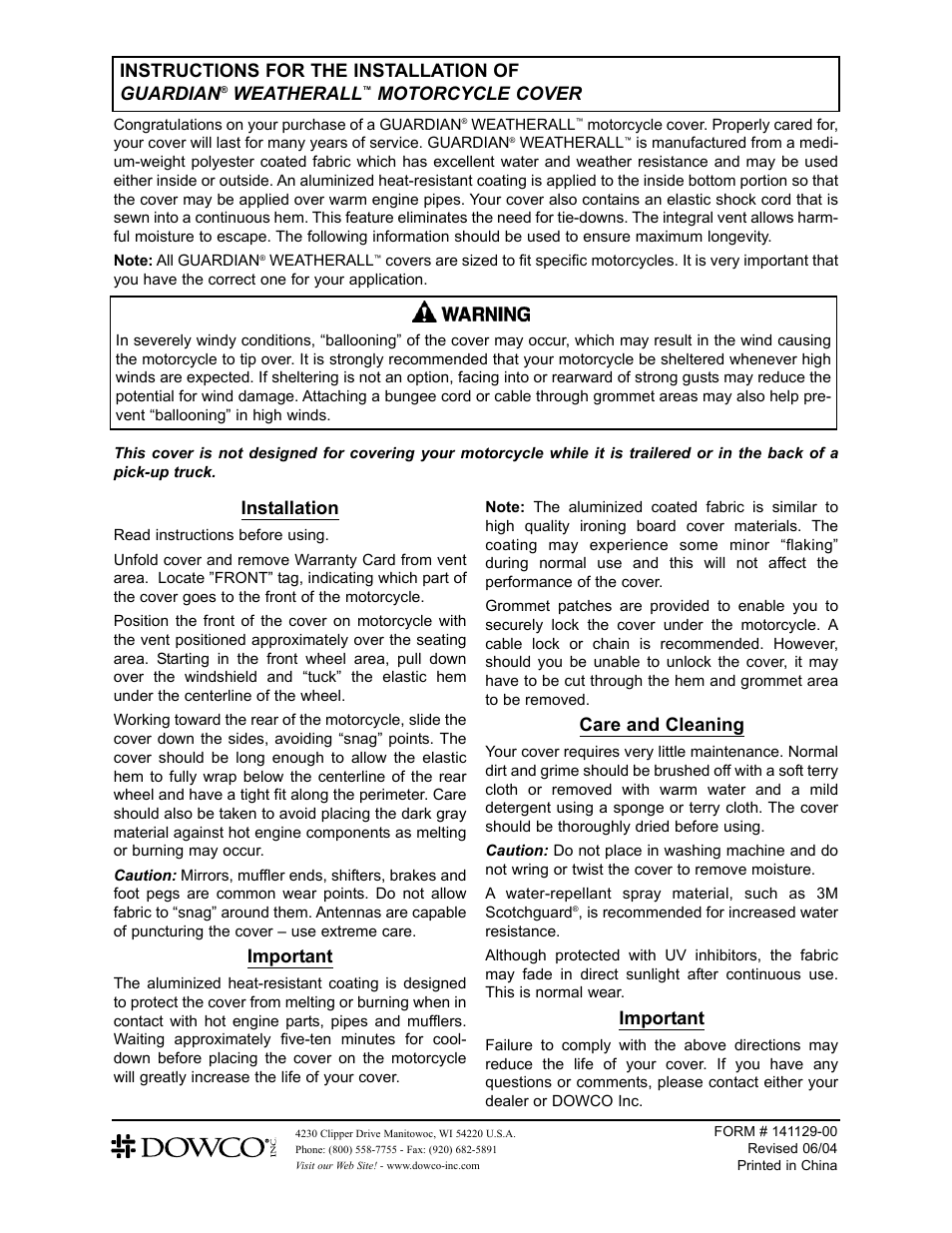 Dowco Power Sports Guardian WeatherAll Motorcycle Cover User Manual | 1 page