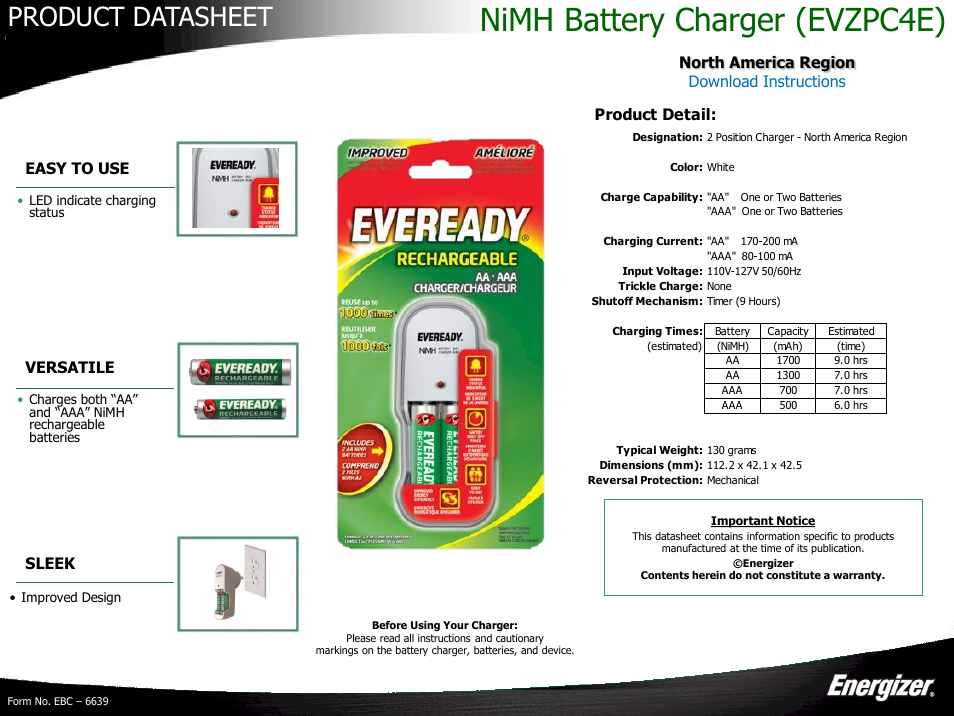 Eveready Rechargeable Battery Charger User Manual | 1 page