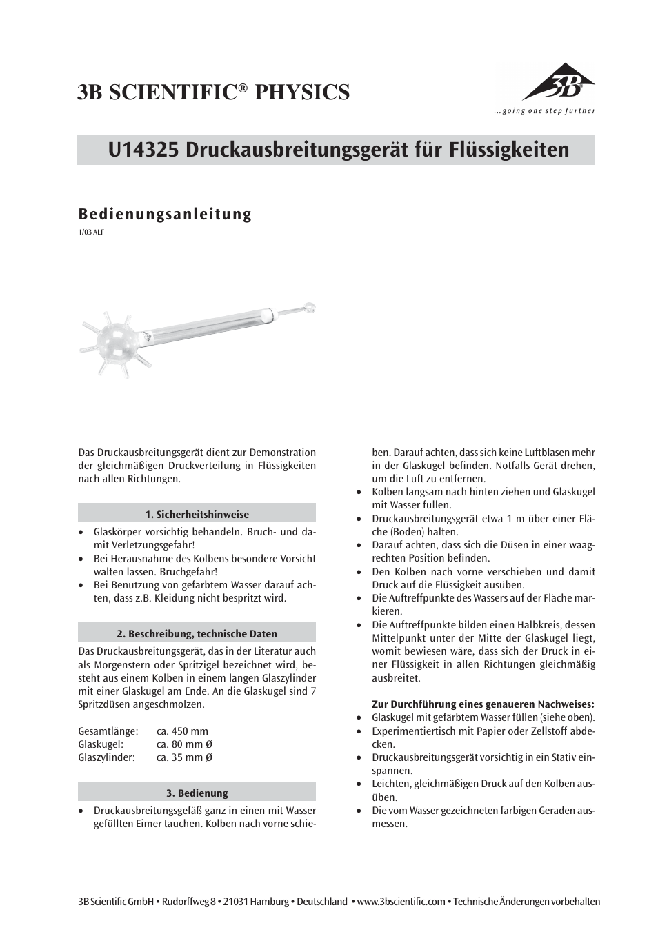 3B Scientific Pascal’s Pressure Sphere User Manual | 6 pages