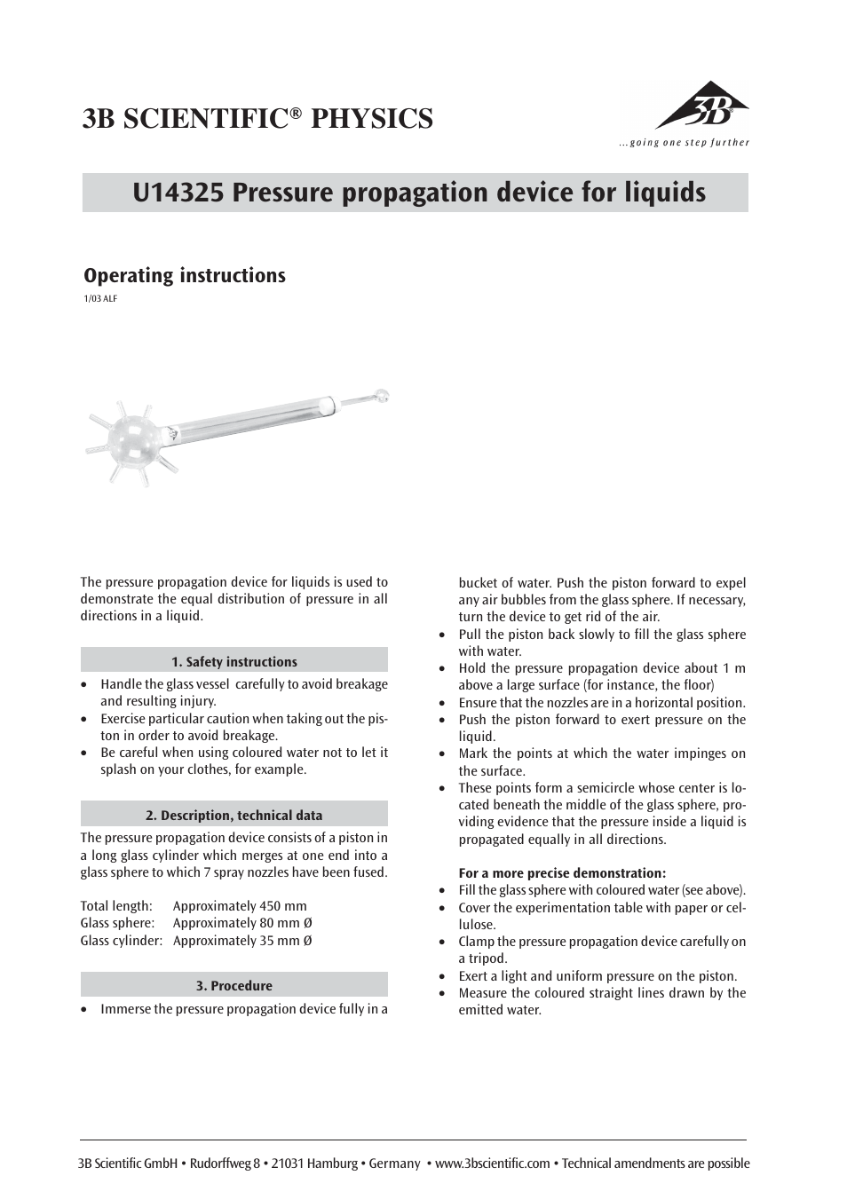 Operating instructions | 3B Scientific Pascal’s Pressure Sphere User Manual | Page 2 / 6