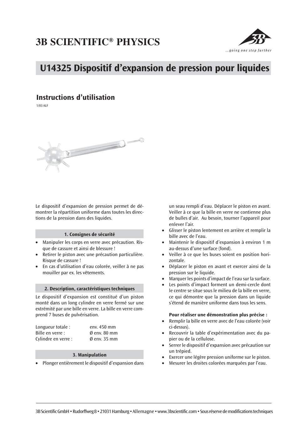 Instructions d’utilisation | 3B Scientific Pascal’s Pressure Sphere User Manual | Page 3 / 6