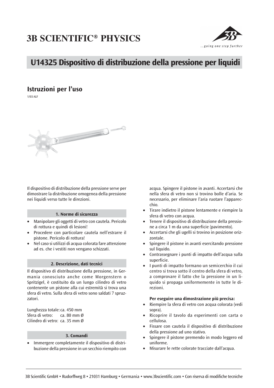 3b scientific® physics, Istruzioni per l’uso | 3B Scientific Pascal’s Pressure Sphere User Manual | Page 4 / 6