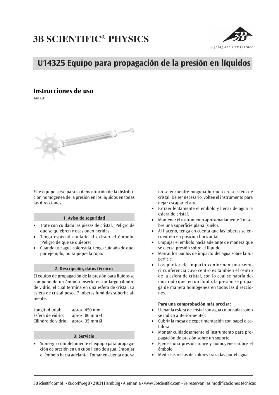 3b scientific® physics, Instrucciones de uso | 3B Scientific Pascal’s Pressure Sphere User Manual | Page 5 / 6