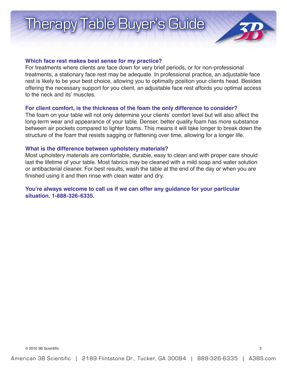 Therapy table buyer’s guide | 3B Scientific Low Platform Mat Table User Manual | Page 2 / 2