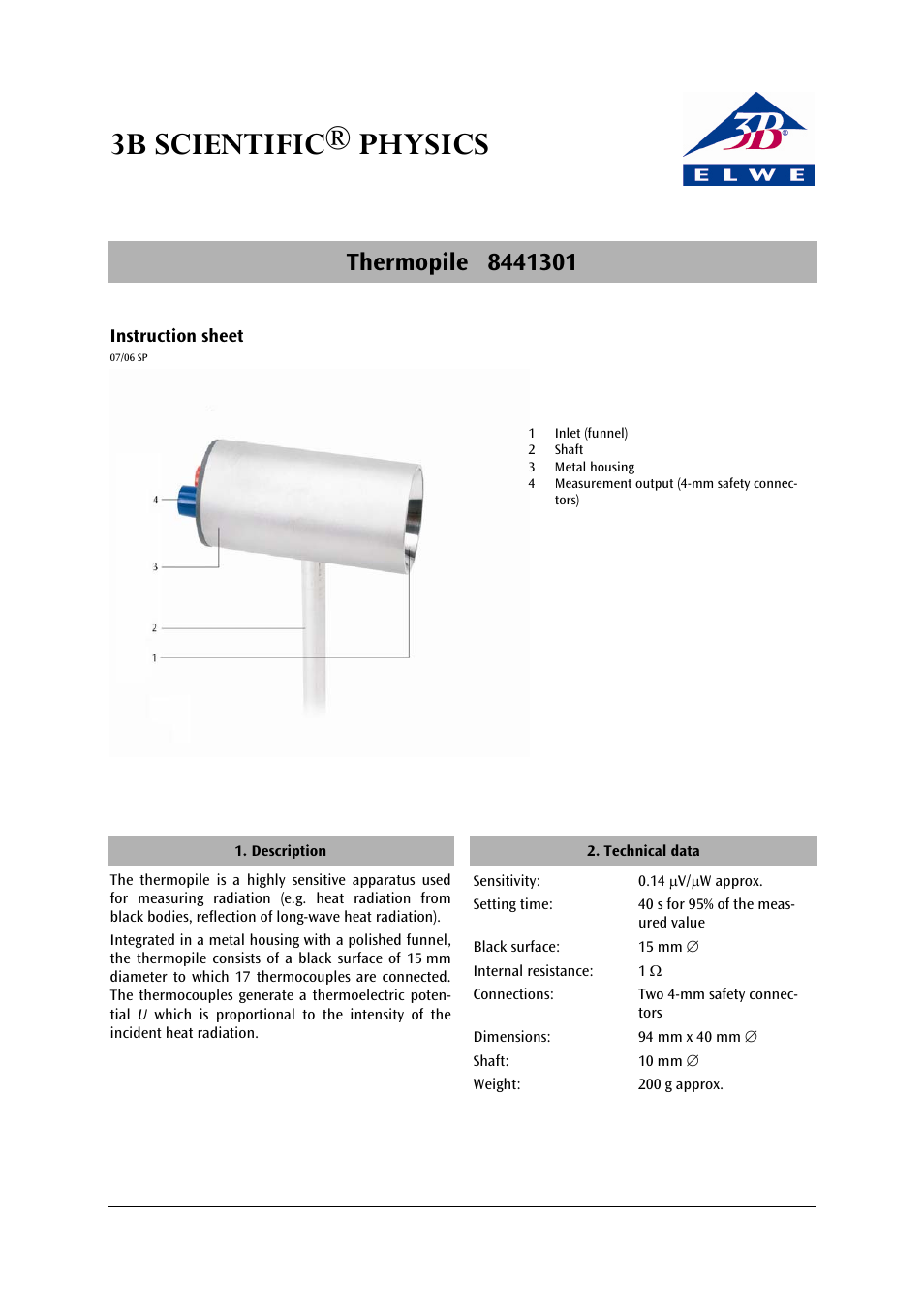 3B Scientific Radiation of Heat__Thermopile User Manual | 2 pages