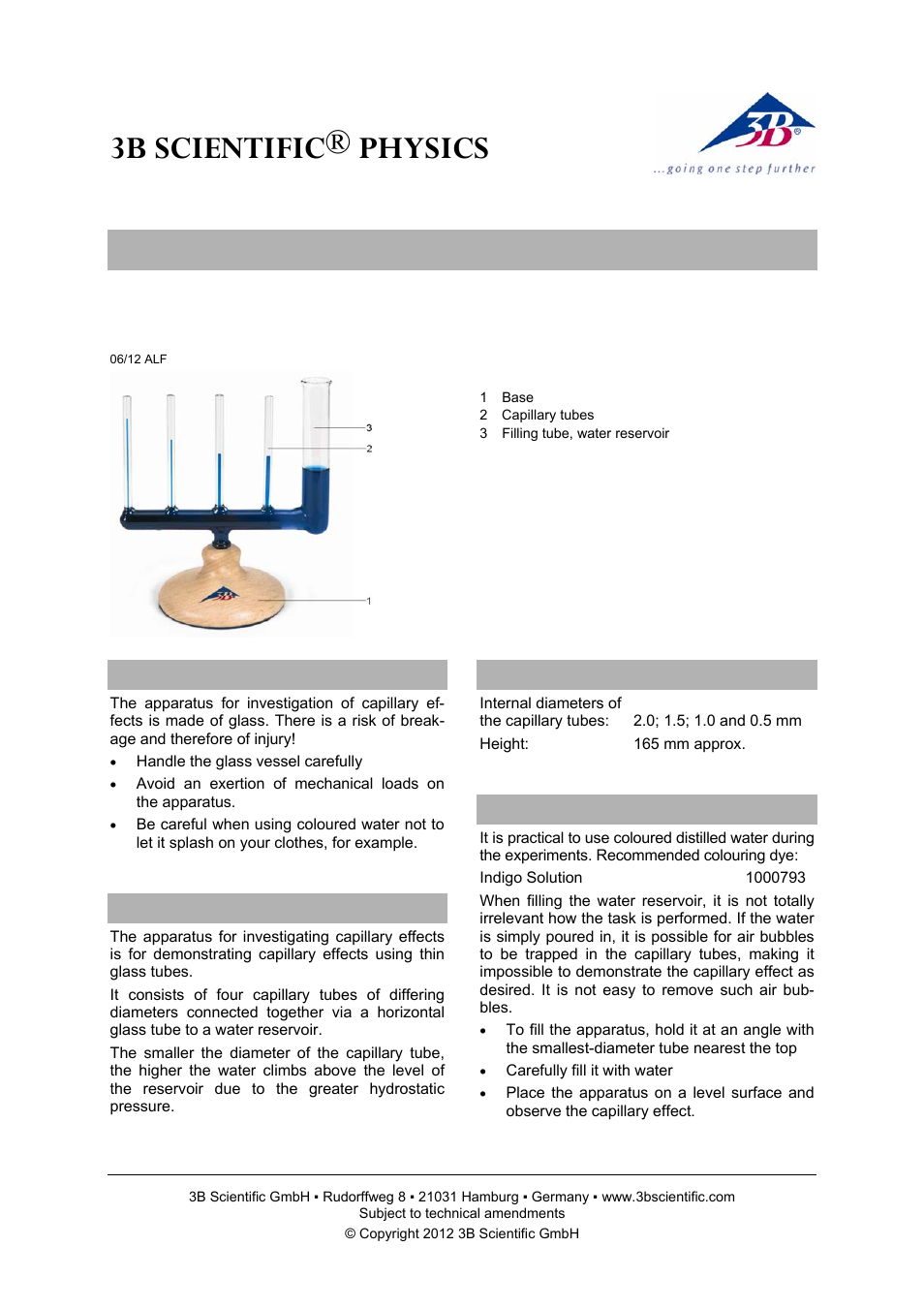 3B Scientific Capillary Tubes Apparatus User Manual | 2 pages