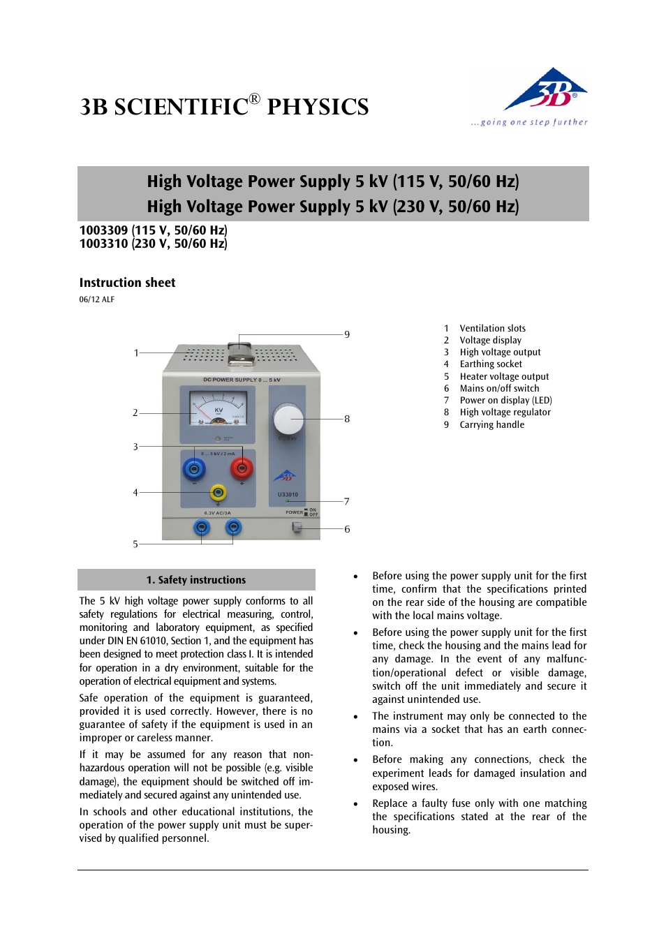 3B Scientific High Voltage Power Supply 5 kV (115 V, 50__60 Hz) User Manual | 2 pages