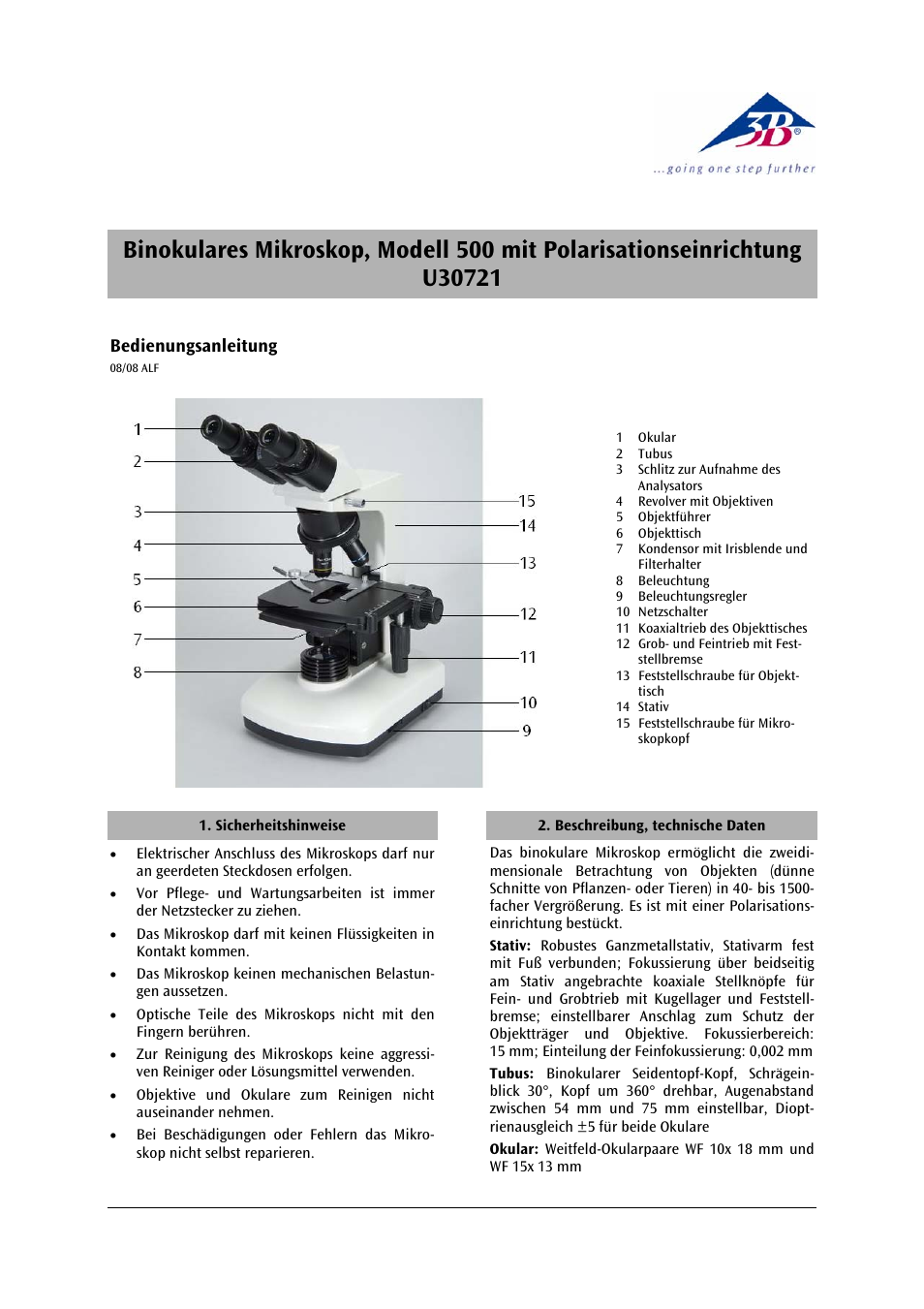 3B Scientific Binocular Microscope Model 500 with Polarization Equipment User Manual | 24 pages