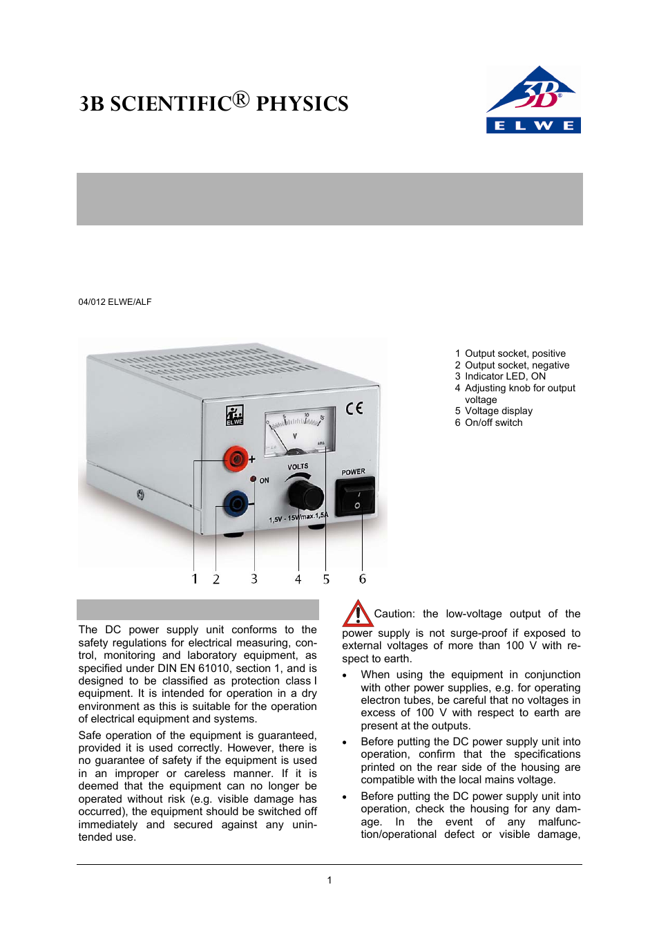 3B Scientific DC Power Supply 1.5-15 V, 1.5 A (230 V, 50__60 Hz) User Manual | 2 pages