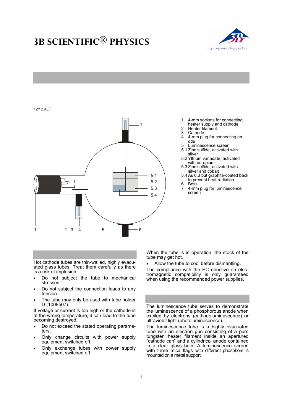 3B Scientific Teltron Luminescence Tube D User Manual | 4 pages