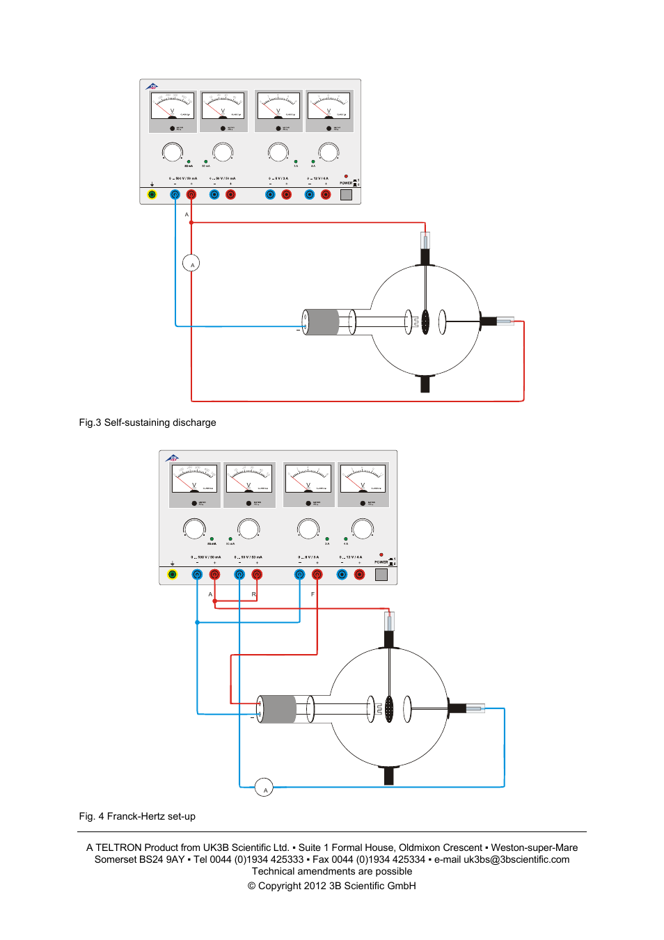 Fig.3 self-sustaining discharge, Fig. 4 franck-hertz set-up | 3B Scientific Teltron Triode D, Helium-filled User Manual | Page 4 / 4