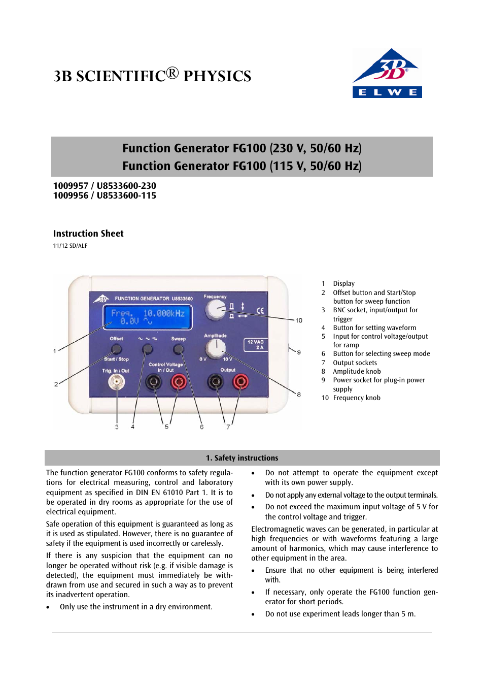 3B Scientific Power Function Generator (115 V, 50__60 Hz) User Manual | 4 pages