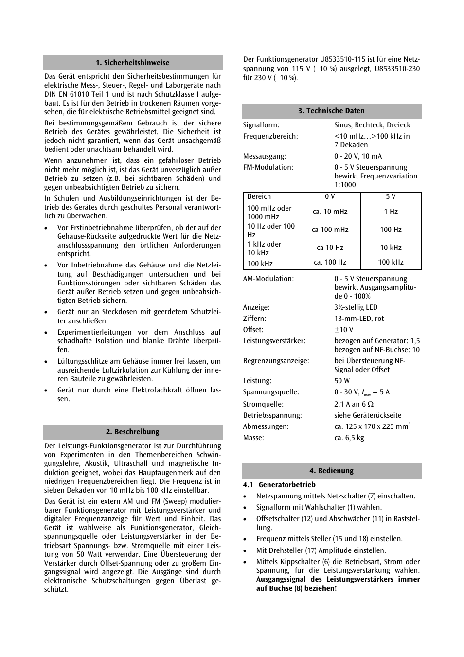 3B Scientific Power Function Generator (115 V, 50__60 Hz) User Manual | Page 2 / 24