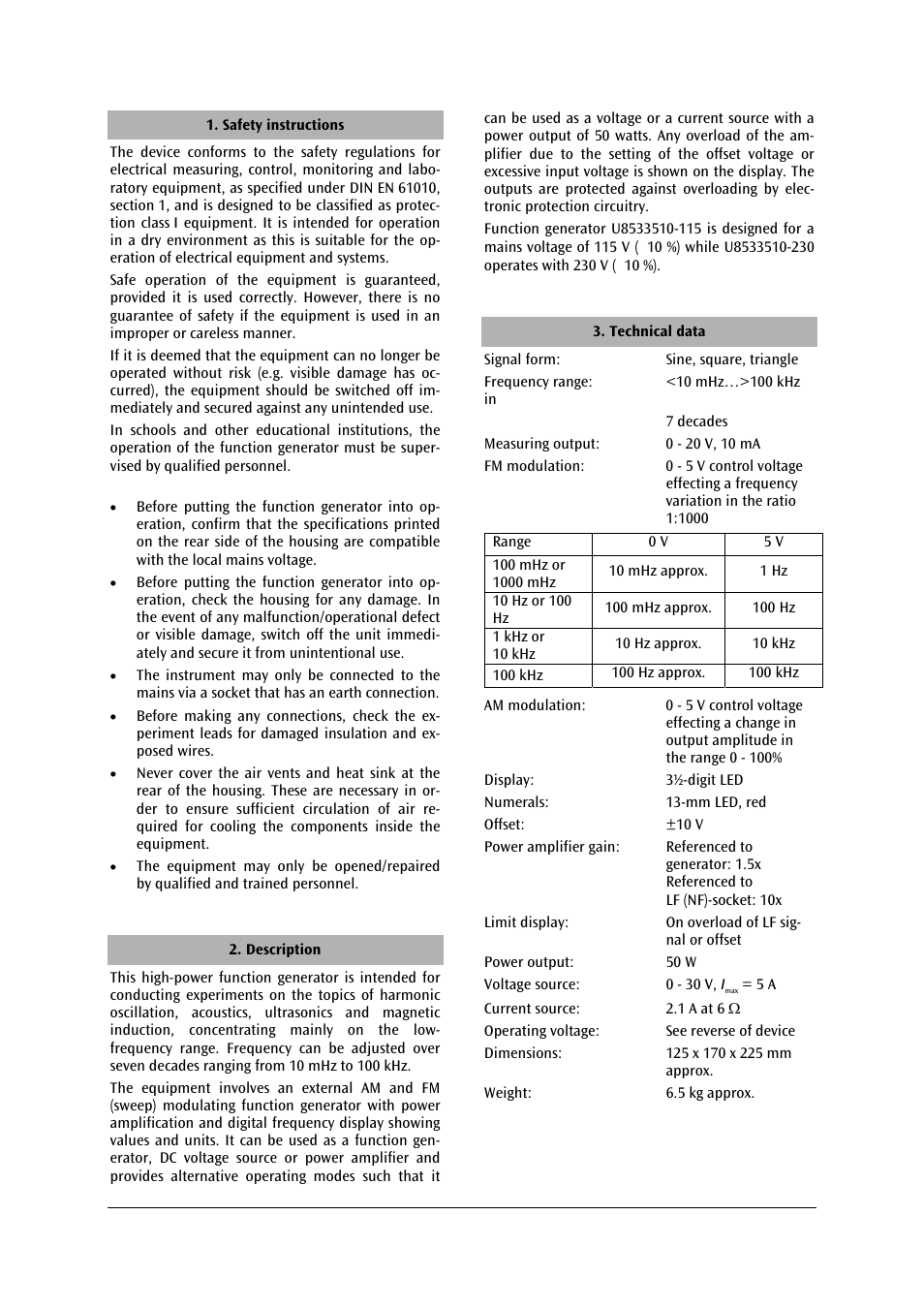 3B Scientific Power Function Generator (115 V, 50__60 Hz) User Manual | Page 6 / 24