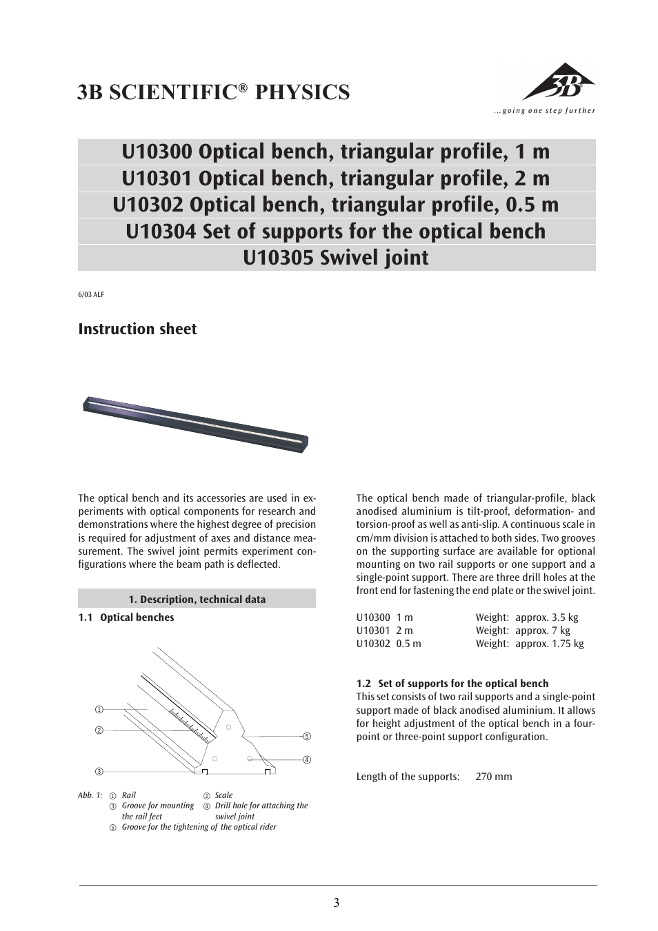 3B Scientific Optical Precision Bench D, 500 mm User Manual | 2 pages