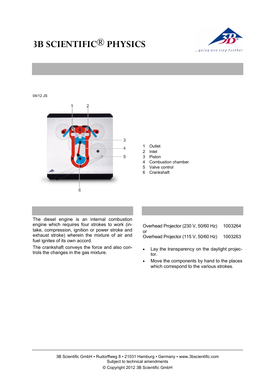 3B Scientific Diesel Engine, Transparent User Manual | 2 pages