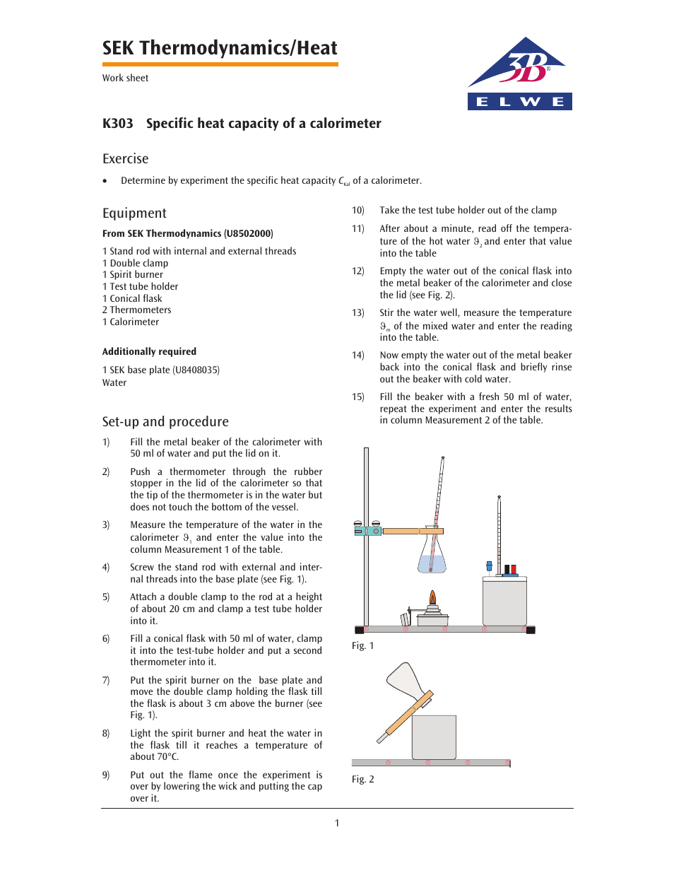 Sek thermodynamics/heat, K303 specific heat capacity of a calorimeter, Exercise | Equipment, Set-up and procedure | 3B Scientific Advanced Thermodynamics Kit User Manual | Page 2 / 3