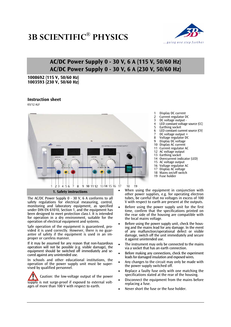 3B Scientific AC__DC Power Supply 0 – 30 V, 0 – 6 A (230 V, 50__60 Hz) User Manual | 4 pages