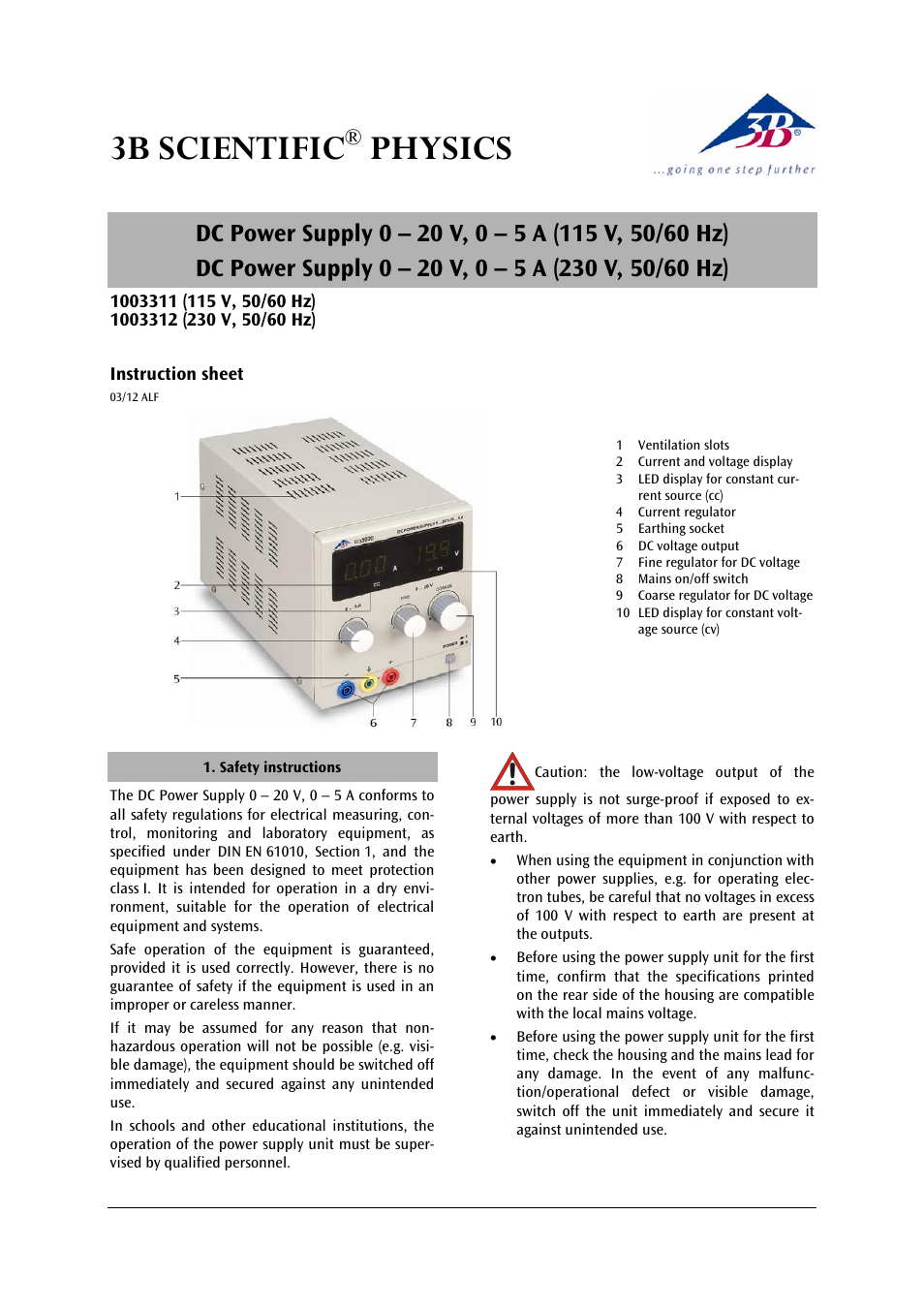 3B Scientific DC Power Supply 20 V, 5 A (115 V, 50__60 Hz) User Manual | 2 pages